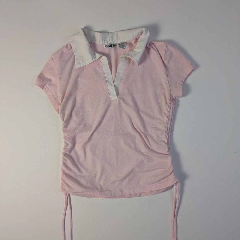 Y2K Pink Collared Top M Side Ruched 90s